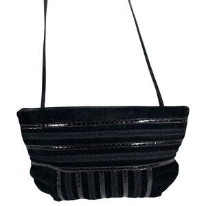 1980s PALIZZIO Black Suede Patent Snakeskin Accents Hinged Clutch Shoulder Bag